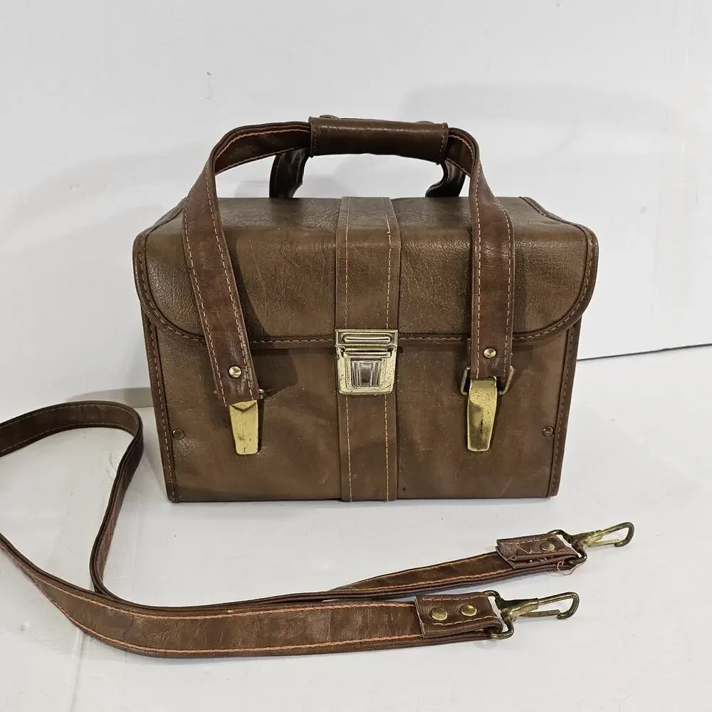 Vintage Brown Leather Camera Case Hard Shell Retro Travel Bag w/ Strap